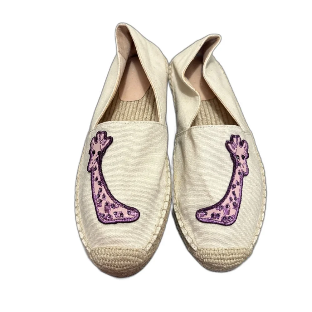 Kate Spade Garden Giraffe Espadrilles Cream Canvas Pink Novelty Applique Size 8B